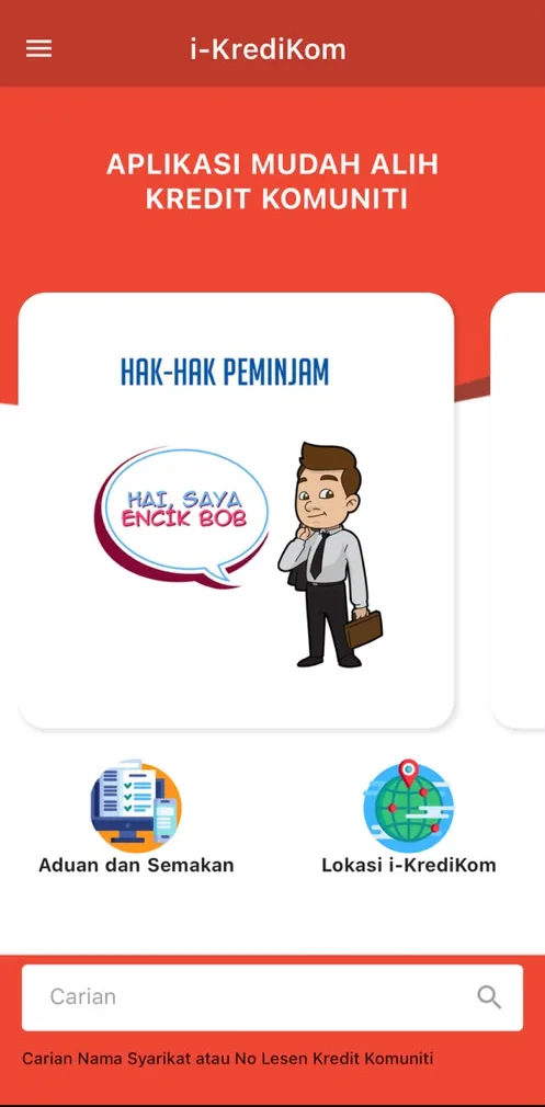 i-KrediKom home screen with the Carian search box for a company name or licence number